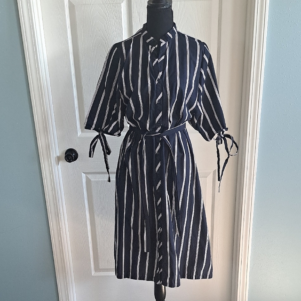 Zara Basic Navy Stripe 100% Cotton Midi Shirt Dress  Loose Fit Modest Causal
